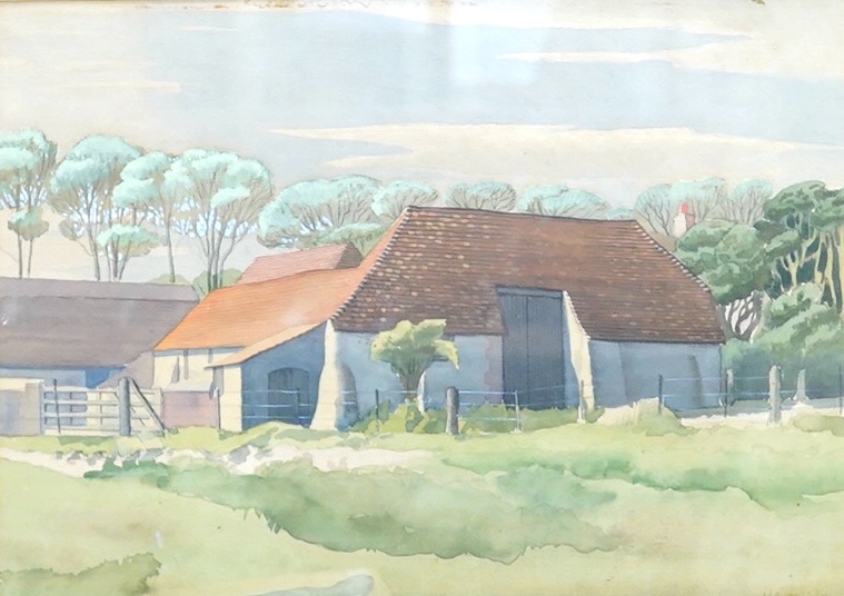 Chris Harrison, Study of farm buildings before trees, signed, watercolour, 25 x 35cm
